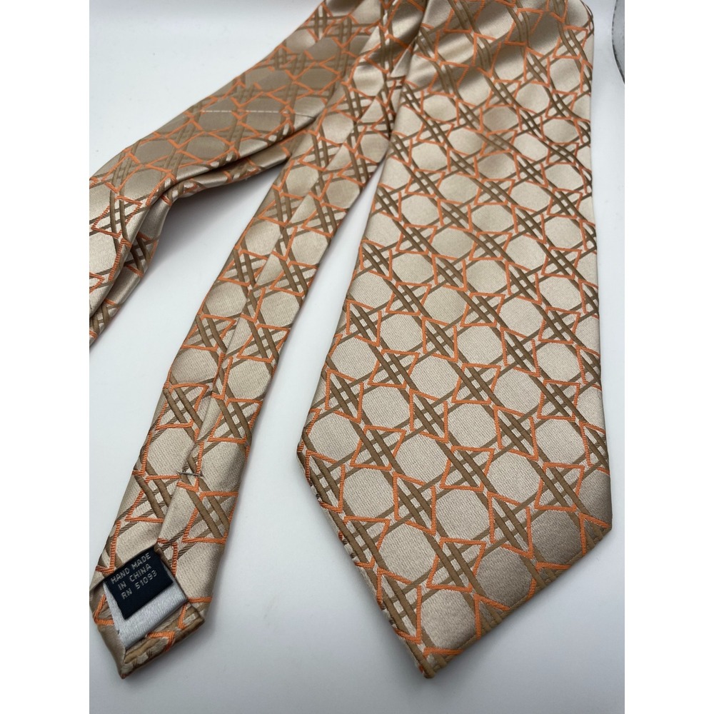 Steve Harvey Collection Mens Silk Tie Tan Orange Geometric Lattice RN 51093